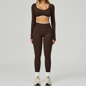 2025 Set Yoga a blocchi di colore senza cuciture transfrontalieri con Design aperto a vita alta completo da allenamento da donna tuta sportiva da corsa - Product Image 5