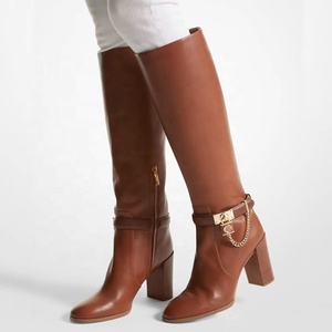 Metal Chain Chunky <b>Heels</b> Long Booties <b>Round</b> <b>Toe</b> Back Zipper Knight Shoes Women Western Style Knee High Boots - Product Image 6