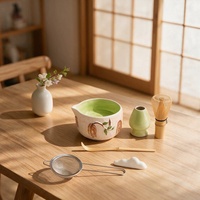 Ensemble de 100 pièces de bols à matcha en céramique, style moderne et simple, avec bec verseur motif cerise peint à la main, fouet à thé et support, kit complet d'outils pour la préparation du thé