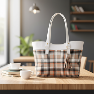 Bolso de mano informal a cuadros para mujer de Fana Azyadeth, color blanco, con dos correas y decoración de borlas, M3730, para uso diario. - Product Image 2