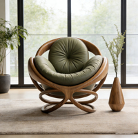 Chaise de loisir circulaire en bois massif au design moderne, coussin en cuir, base croisée, couleur de tissu personnalisable, chaise individuelle pour salon