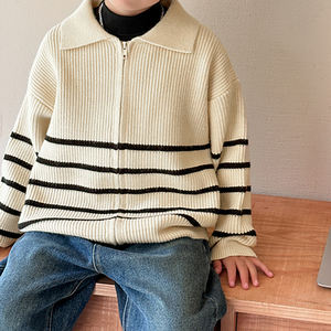 Cardigan en tricot rayé pour bébé garçon d'hiver personnalisé, veste simple à fermeture éclair pour enfants filles, pull en coton tricoté pour bébé, vêtements - Product Image 6