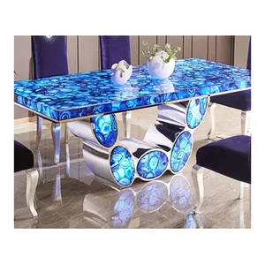奢华石材半透明玛瑙宝石家具长方形蓝色玛瑙餐桌