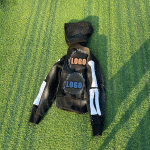 OEM de alta calidad apliques parche bordado Rhinestone Sudadera con capucha recortada lavado Zip Up sudaderas con capucha - Product Image 5