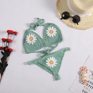 Ensemble de bikini en crochet floral rétro fait main pour femmes, maillot de bain 2 pièces personnalisé, vêtements de plage sexy, tricot à la main - Product Image 3
