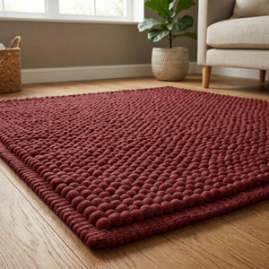Tapis de salon rectangulaire moderne en laine faite à la main, à boucles longues et pompons, absorbant l'eau - Product Image 1
