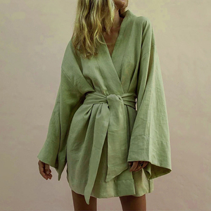 Women's Kimono <strong>Robe</strong> Women's V-neck <strong>Waffle</strong> Cotton Hemp Luxury Wrapped Bathrobe - Product Image 1