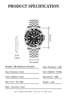 Reloj de Diseño GMT con Movimiento Mecánico Automático, Acero Inoxidable, Cristal de Zafiro, Resistente al Agua 100M, Esfera Luminosa