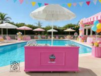 Chariot de bar de mariage professionnel personnalisable en contreplaqué simple avec roues pour présentation de desserts et fournitures de décoration de fête