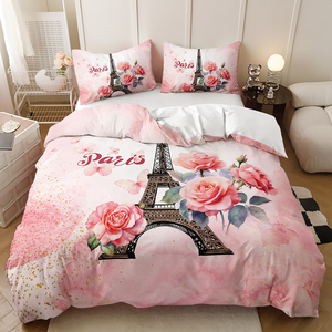 Set Copripiumino Matrimoniale con Stampa Digitale 3D, 3 Pezzi, Motivo a Pois, Rose e Torre Eiffel, 300 Fili - Product Image 6