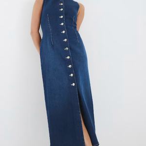 Robe midi vintage florale petite taille, col halter, 100 % coton crêpe tissé, imprimé numérique, boutonnage frontal naturel pour printemps-été - Product Image 2