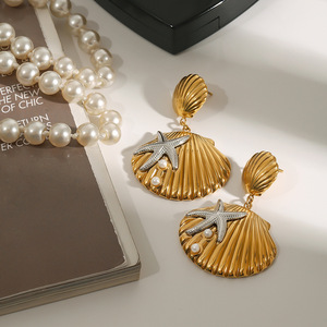 Drop <b>Earrings</b> <b>Gold</b> Silver Two Tone Star Shell Pearl Women's Party Fashion <b>Dangle</b> <b>Earrings</b> - Product Image 3