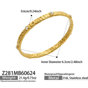 Waterproof Hammer Pattern High Polish Cuff Bangle Colorful Zircon Stainless Steel Gold Plated Female <b>Bracelet</b> - Product Image 6