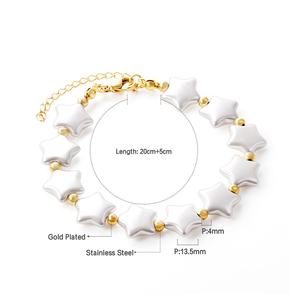 Bracelet en acier inoxydable plaqué or 18 carats avec breloque étoile en émail blanc et perle pour femme, bracelet à perles réglable - Product Image 1