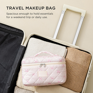 Custom Quilted Cotton Make up <b>Bag</b> Travel Cosmetic <b>Bag</b> Large Cute Bow Makeup <b>Bag</b> - Product Image 4