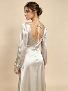 Vestido Largo de Satén para Mujer, Cuello en V, Manga Larga Abullonada, Estilo Cruzado y Fruncido, Vestido de Noche Elegante para Dama de Honor, Fiesta Formal - Product Image 3