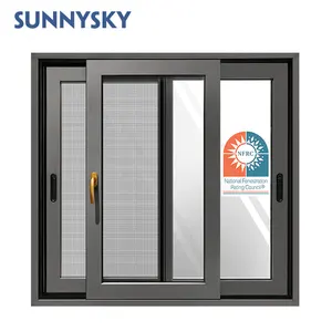 Алюминиевое двойное закаленное стекло, раздвижное окно Sunnysky, тройная дорожка, песок, серый графический дизайн, горизонтальные жалюзи из нержавеющей стали