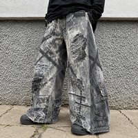 DiZNEW Jean baggy pour homme, patchwork effiloché, délavé effet boue, coupe large, avec patch de marque en cuir personnalisé, faible MOQ, direct usine