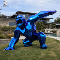 Escultura de Gorila Geométrica de Acero Inoxidable, Pulida a Espejo, Azul, Estatua de Animal para Decoración Comercial de Exteriores, Plazas, Jardines y Hoteles
