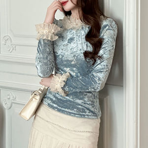 ZYHT collezione primavera 91435 grazioso <span class=keywords><strong>pizzo</strong></span> impreziosito t-shirt a manica lunga <span class=keywords><strong>blu</strong></span> in velluto Bodycon top da donna camicetta da donna - Product Image 3