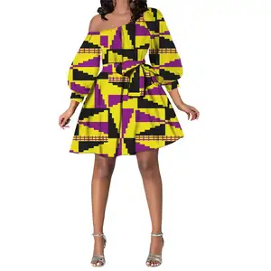 Toptan afrika kadın giyim moda kapalı omuz Ankara baskılı abiye seksi bandaj kısa yüksek bel rahat elbiseler