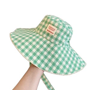 Chapeau bob à large bord à carreaux de style coréen pour femmes, protection solaire, chapeau de pêcheur d'été, rouge, rose, vert, bleu, noir, en toile - Product Image 5