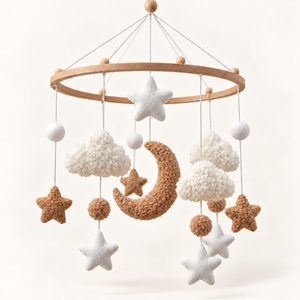 Mobile bébé lune et étoile pour berceau, nuage en peluche beige et marron, décoration <span class=keywords><strong>de</strong></span> chambre d'enfant neutre, 3 pièces, MOQ, prêt à expédier - Product Image 1