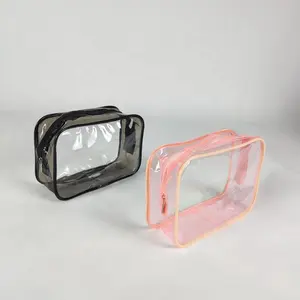 定制Pvc旅行洗漱用品包粉色滚边拉链Pvc透明化妆包防水透明Pvc化妆包带拉链