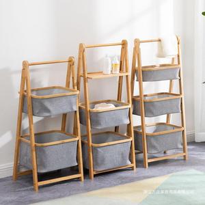 Panier à linge pliable à trois niveaux en bambou, étagère de rangement en bois à 3 étages avec bacs pour salle de bain, chambre, salon, style nordique - Product Image 2