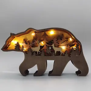 TaiLai Natal 3D Dalam Ruangan LED Beruang Diukir Kayu Ornamen Hewan Hutan Hewan Kristus Dekorasi Rumah untuk Hadiah Hari Ayah