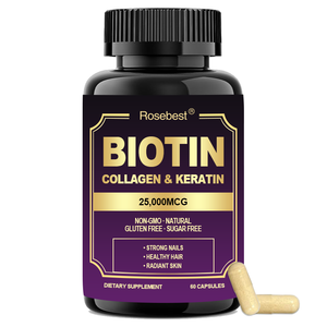 תוספי ויטמינים לצמיחת שיער רוזבסט OEM מותג פרטי 25000MCG ביוטין קולגן וקרטין בכמוסות לשיער, ציפורניים ועור - Product Image 1