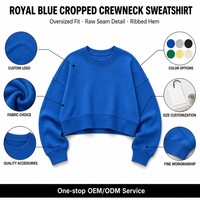 Pull-over personnalisé bleu roi pour femme, col rond, coupe courte, épaules tombantes, manches longues, poignets côtelés, vente en gros