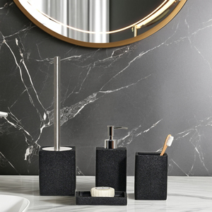 Ensemble d'accessoires de salle de bain en résine 4 pièces, distributeur de lotion pour les mains en mousse de pierre de sable noire élégante, vente en gros par Wesmo - Product Image 1