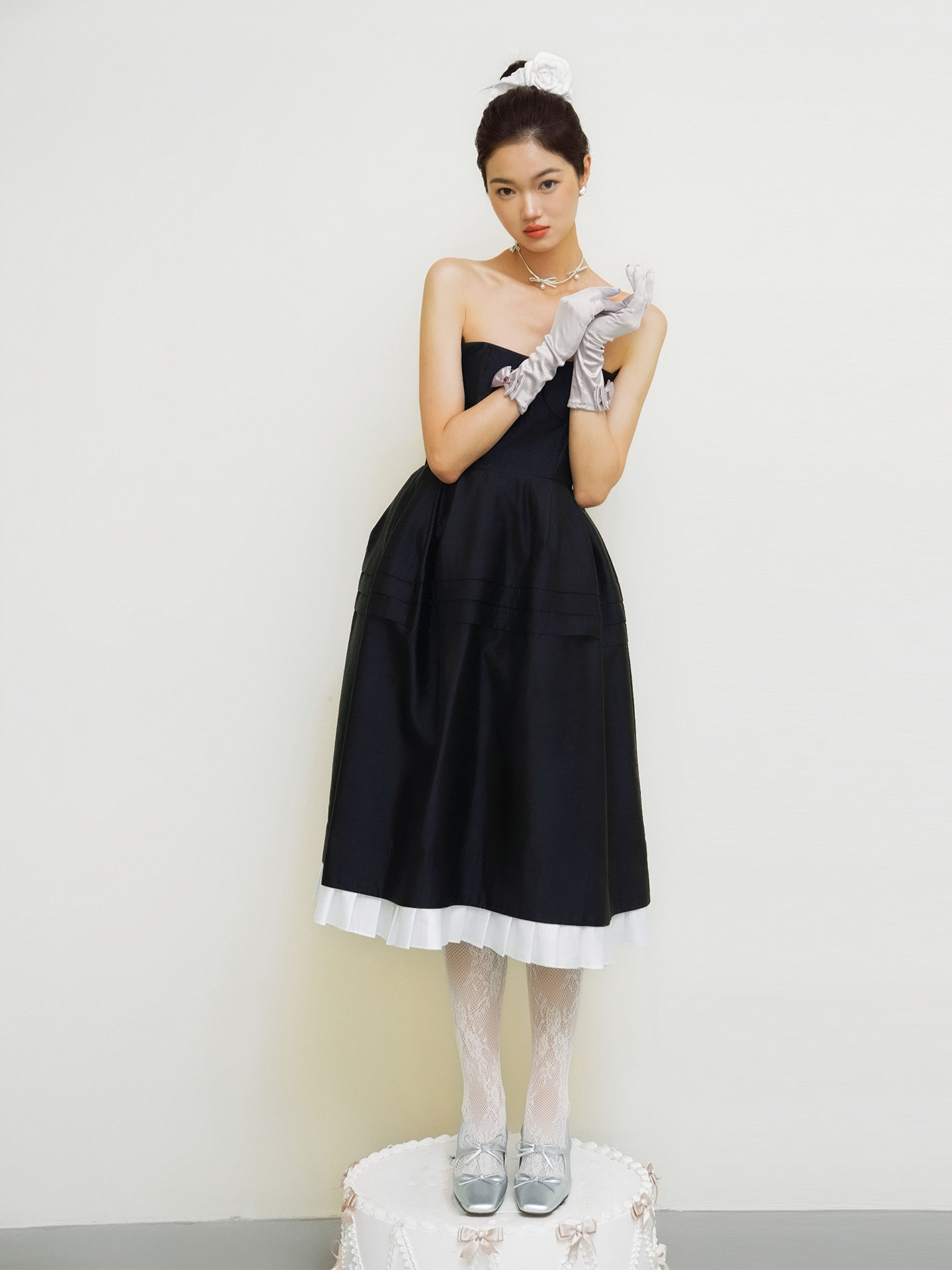 french inspired formal dresses Style Hepburn Style High-end Satin A-Line Quinceanera Tube Top Dress Black White Contrast Color Ruffled Birthday Party BIS-08-01-24