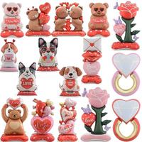 Balon Foil Valentine Bentuk Beruang Teddy, Anjing, Mawar, Cincin Berlian, Balon Mylar untuk Dekorasi Pesta Lamaran Romantis dan Pengakuan Cinta