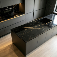 Évier de cuisine de luxe en acier inoxydable durable de style européen, avec crédence et charnières personnalisées, îlot de cuisine noir, pour toute la maison