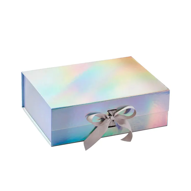Boîte cadeau holographique avec logo personnalisé, emballage pliable, avec fermeture de ruban, en papier réfléchissant, pour les cosmétiques, 50 pièces