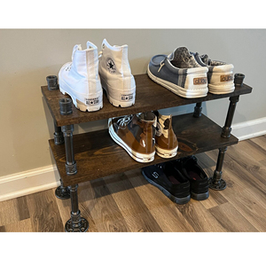 Étagère à chaussures à 2 niveaux en métal antique avec étagère en bois Design industriel pour le rangement des armoires de salon dans la chambre sombre - Product Image 1