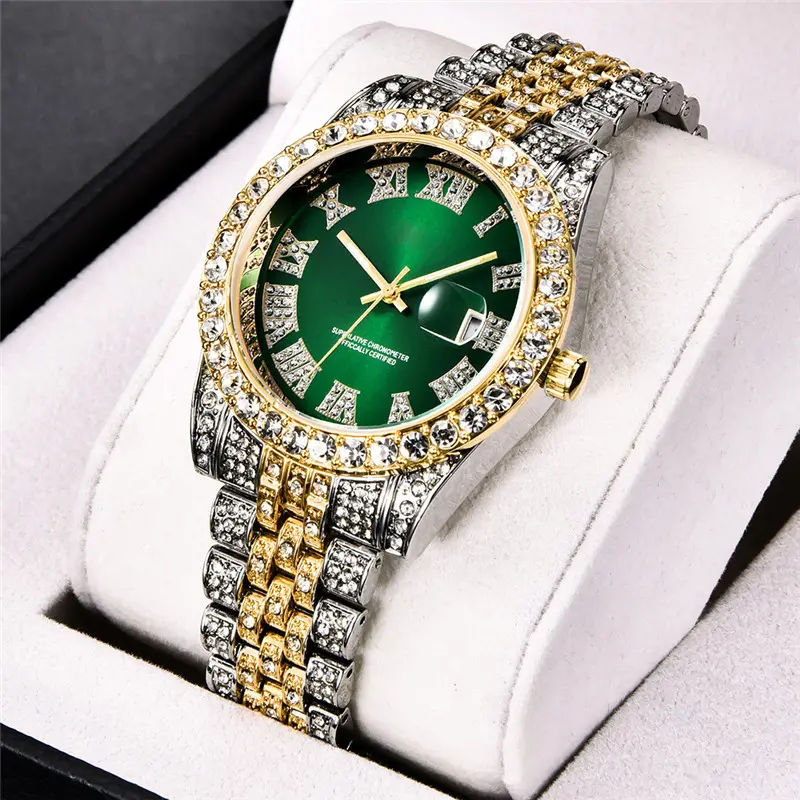Luxury jewelry diamond green men wrist watches quartz movement watch for men set