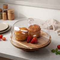 Support à gâteau cylindrique en bois d'acacia fait main avec couvercle en verre, plateau réglable en bois pour présentation alimentaire de mariage