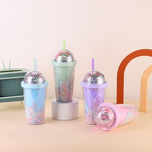 Lovely 450ml Four Fresh Macaron Tone Minimalist Themed Double Wall Plastic Straw Tumbler with Decorative Iridescent Confetti - Product Image 5