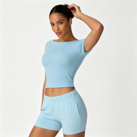 Haut d'entraînement sexy et moulant pour femme, dos ouvert, extensible, à manches courtes, pour yoga et fitness