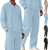 Ensemble de survêtement décontracté 2 pièces pour homme, tricot texturé effet diamant, col polo à revers, haut à manches longues et pantalon large – Collection 2026 à succès