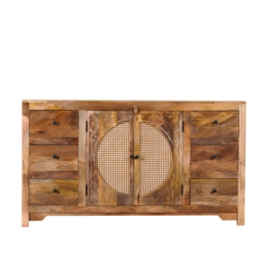 Aparador de Madera de Mango Tallado a Mano con Puertas de Ratán, Mueble de Almacenamiento Rústico, Mueble Boho para Sala de Estar - Product Image 1