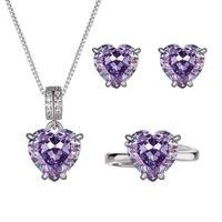 Impresionante Conjunto de Joyas con Amatista en Corte Corazón y Detalles de Circonita Cúbica: Collar con Colgante, Pendientes y Anillo para el Día de San Valentín