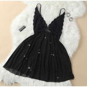 Vestido de noche negro con cuello en V profundo, lentejuelas, malla transparente, encaje y sin mangas para mujer. - Product Image 1