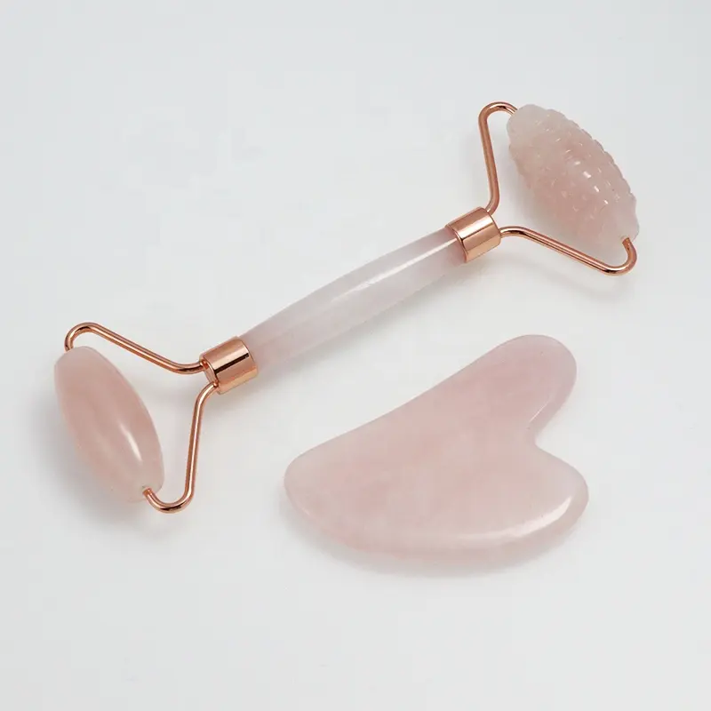 Private Label Rose Quartz Massage Cupping Therapy Spiked Derma Roller Gua Sha Set For Face