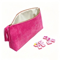 Sac de rangement personnalisé haut de gamme en micro-suède pour tuiles de mahjong, doublure blanche, pour jeu de tuiles de mahjong américain, avec pompons et fermeture éclair