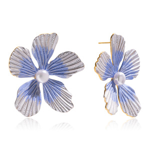 Flower <b>Stud</b> <b>Earrings</b> <b>Blue</b> Pearl Inlay Stainless Steel Everyday Wear - Product Image 5