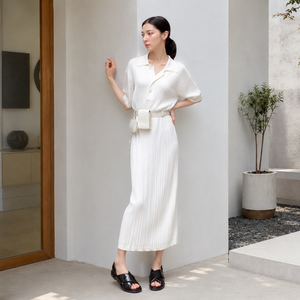 Hot Selling Elegant White Polo Collar Short Sleeve Vertical Rib Knit Midi <b>Dress</b> <b>Loose</b> Waist Tie Elegant Daily Women <b>Dress</b> - Product Image 3